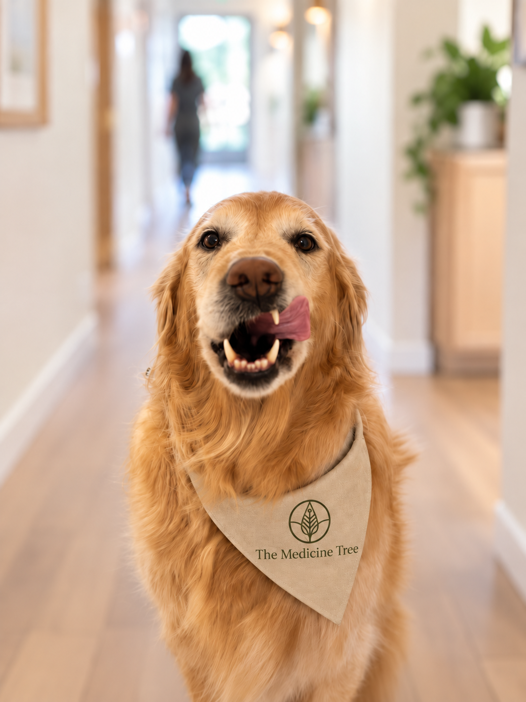 A golden retriever dog with a messy tongue, wearing a beige bandana with a leaf logo and the text "The Medicine Tree," standing in a well-lit hallway of a house.