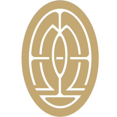LOGO A stylized graphic of a circular, maze-like or abstract face design in gold and black.