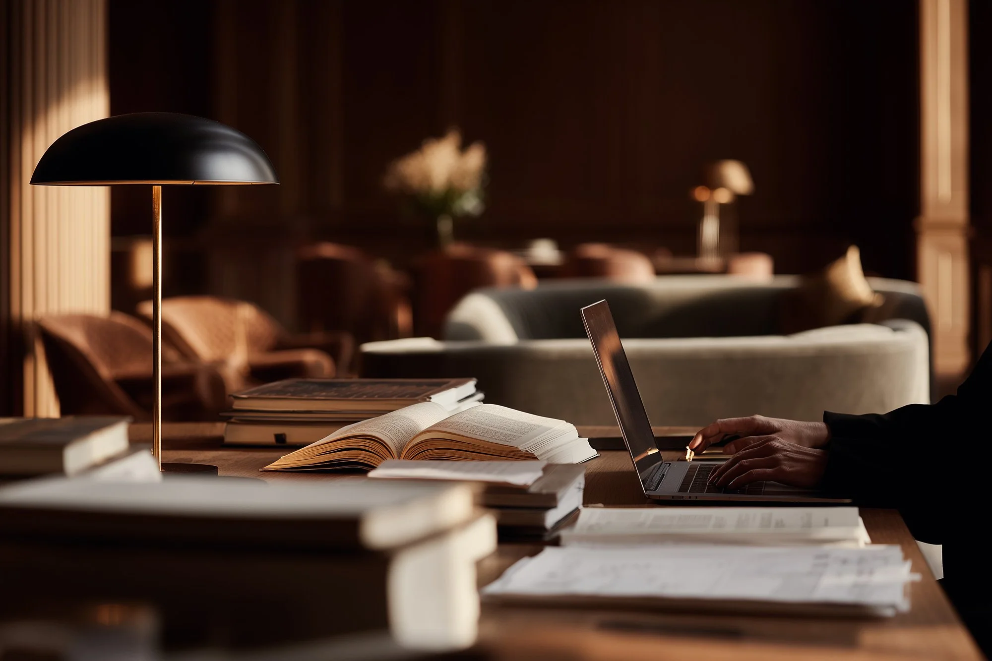 A lawyer working at a desk with an open book, papers, a laptop, and a lamp in a dimly lit, elegant room with wooden paneling.