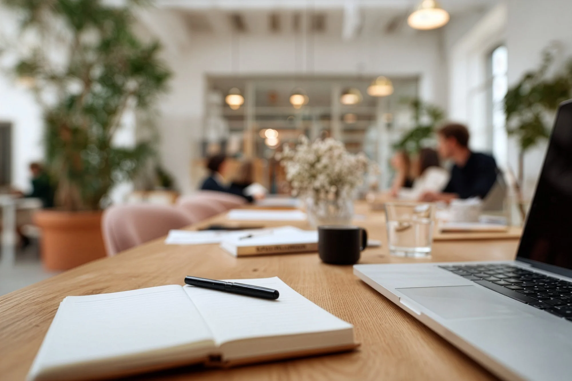 Open notebook with a black pen, a closed notebook, a laptop, a glass of water, and a black mug on a wooden table in a bright, modern lawyer office with people working in the background.