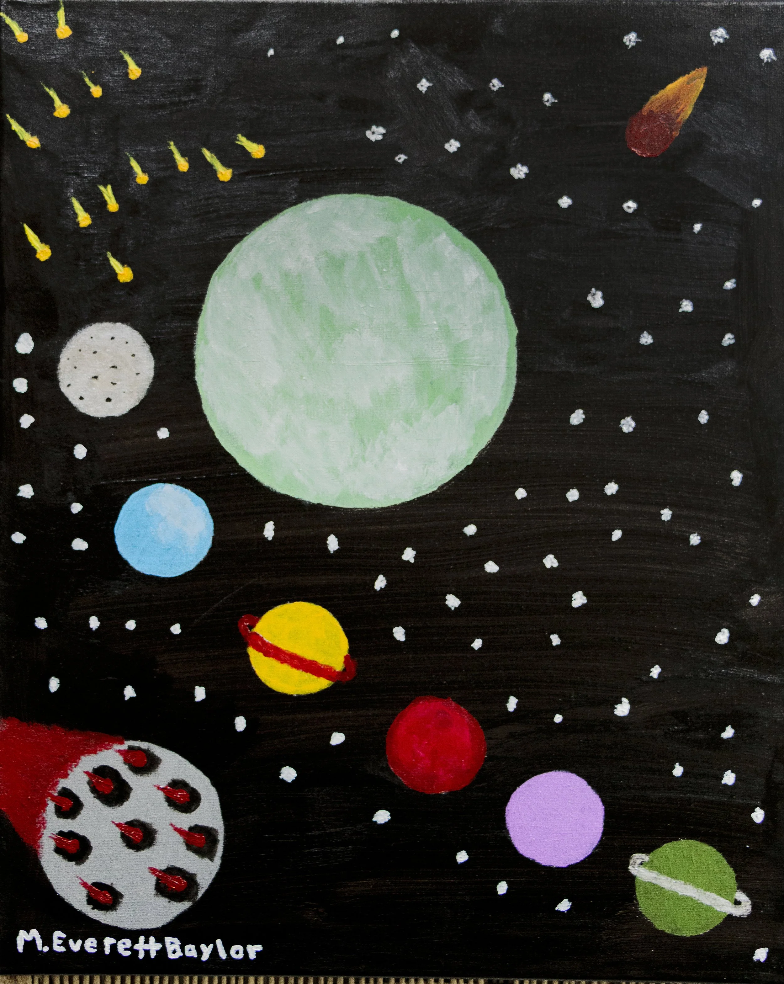 The Meteor Shower is a painting depicting a shower of meteors that are about to impact a lone exoplanet.