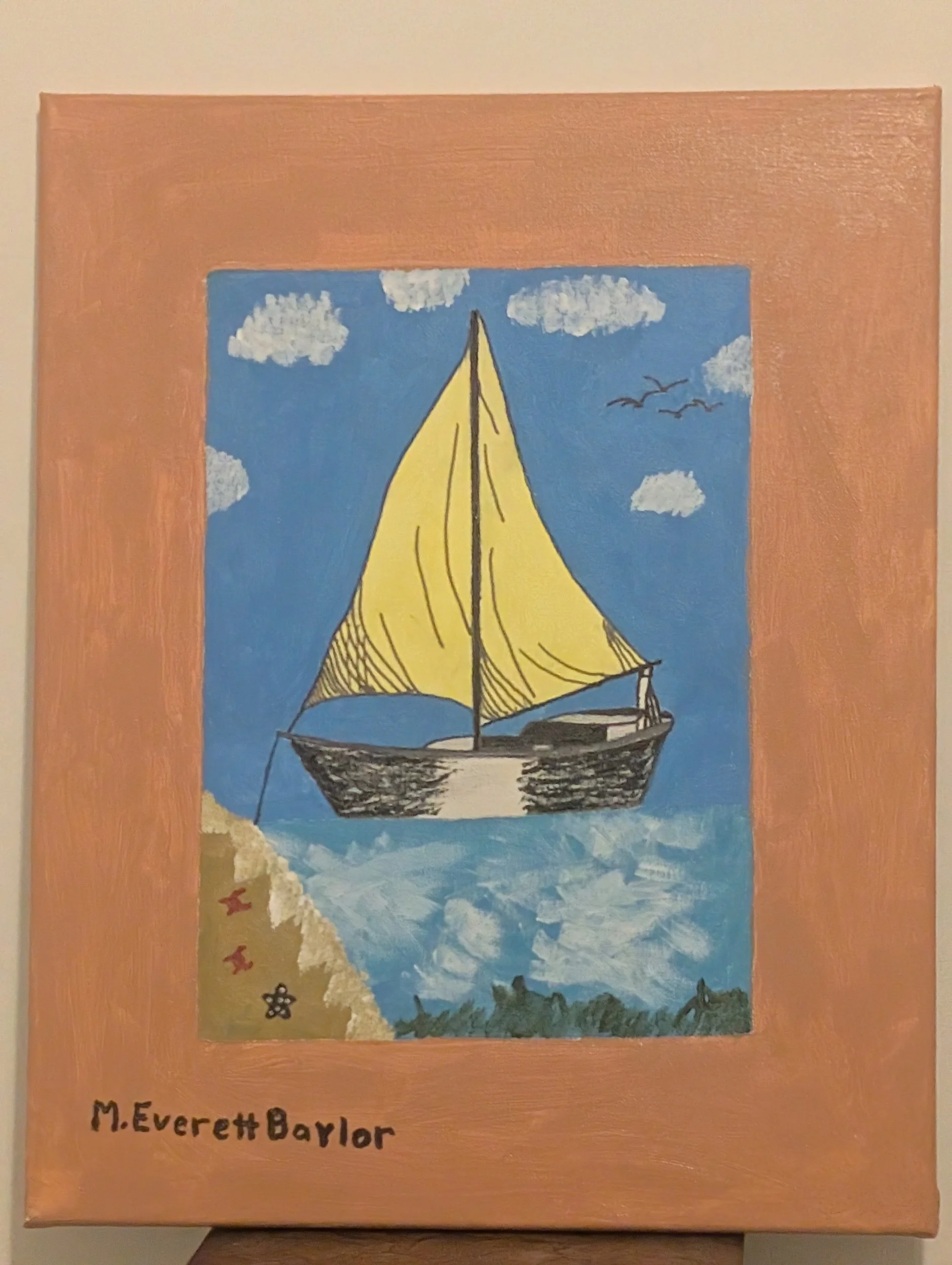 Painting of a sailboat with yellow sails on blue water, sky with clouds, and distant birds, signed M. Everett Baylor.