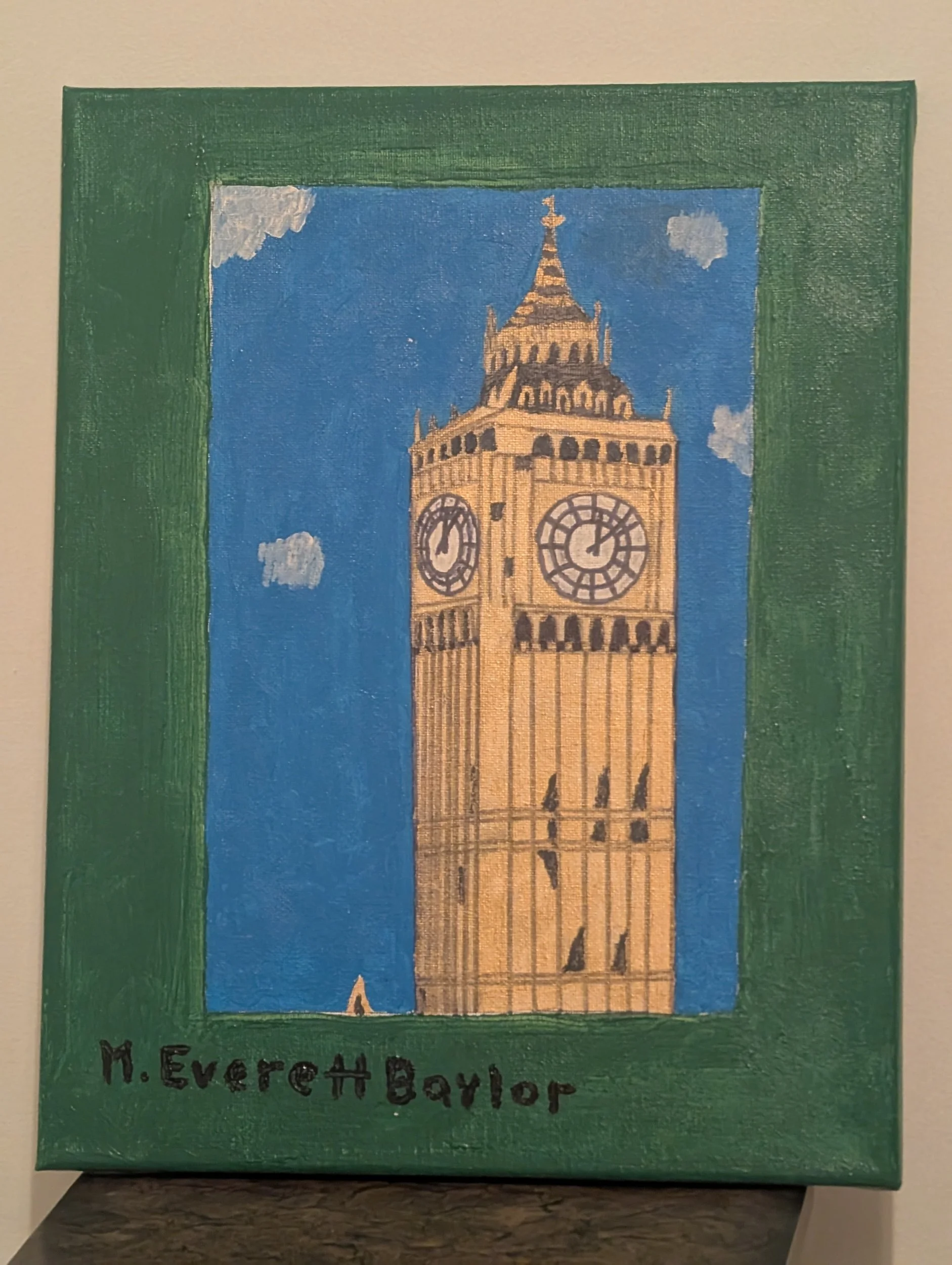 Painting of Big Ben clock tower in London with a green border and blue sky background.