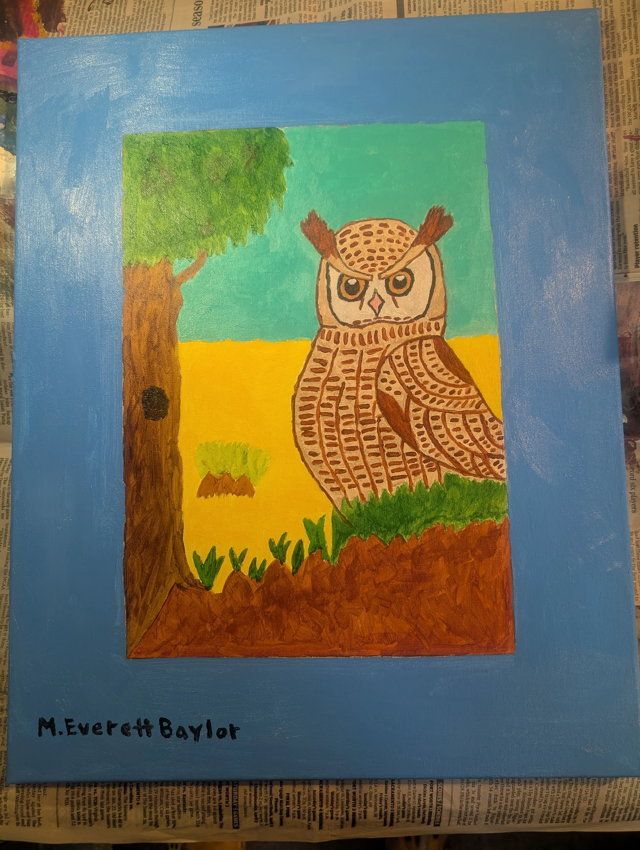 The Owl is a painting depicting an owl who just left his tree to take a rest on the ground to enjoy the summer sun.