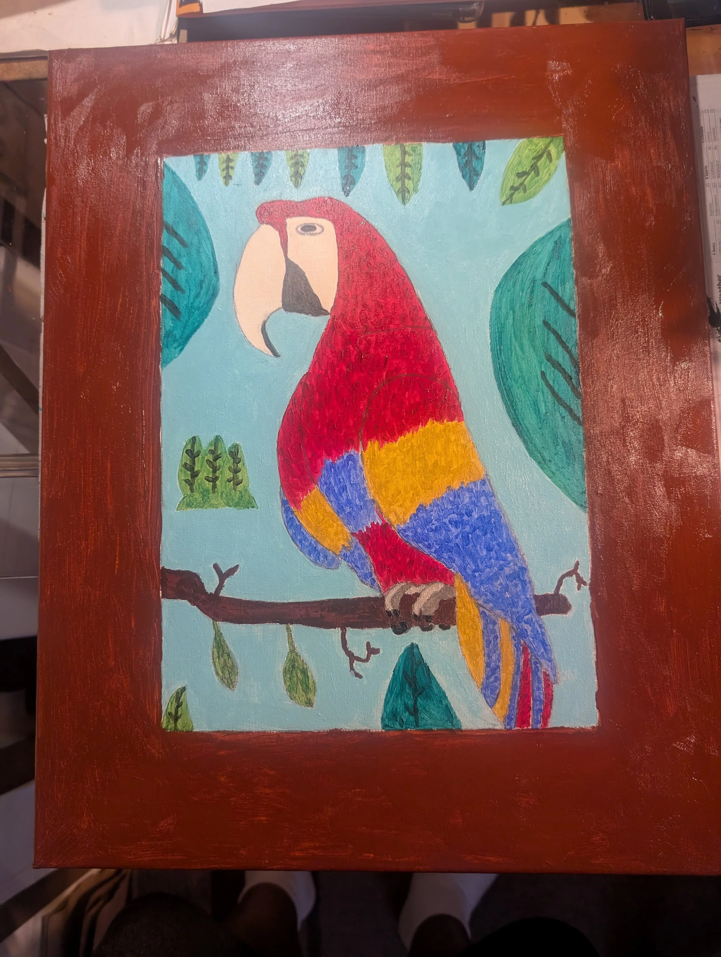 The Parrot is a painting depicting a colorful parrot sitting on a branch looking over his surroundings. 