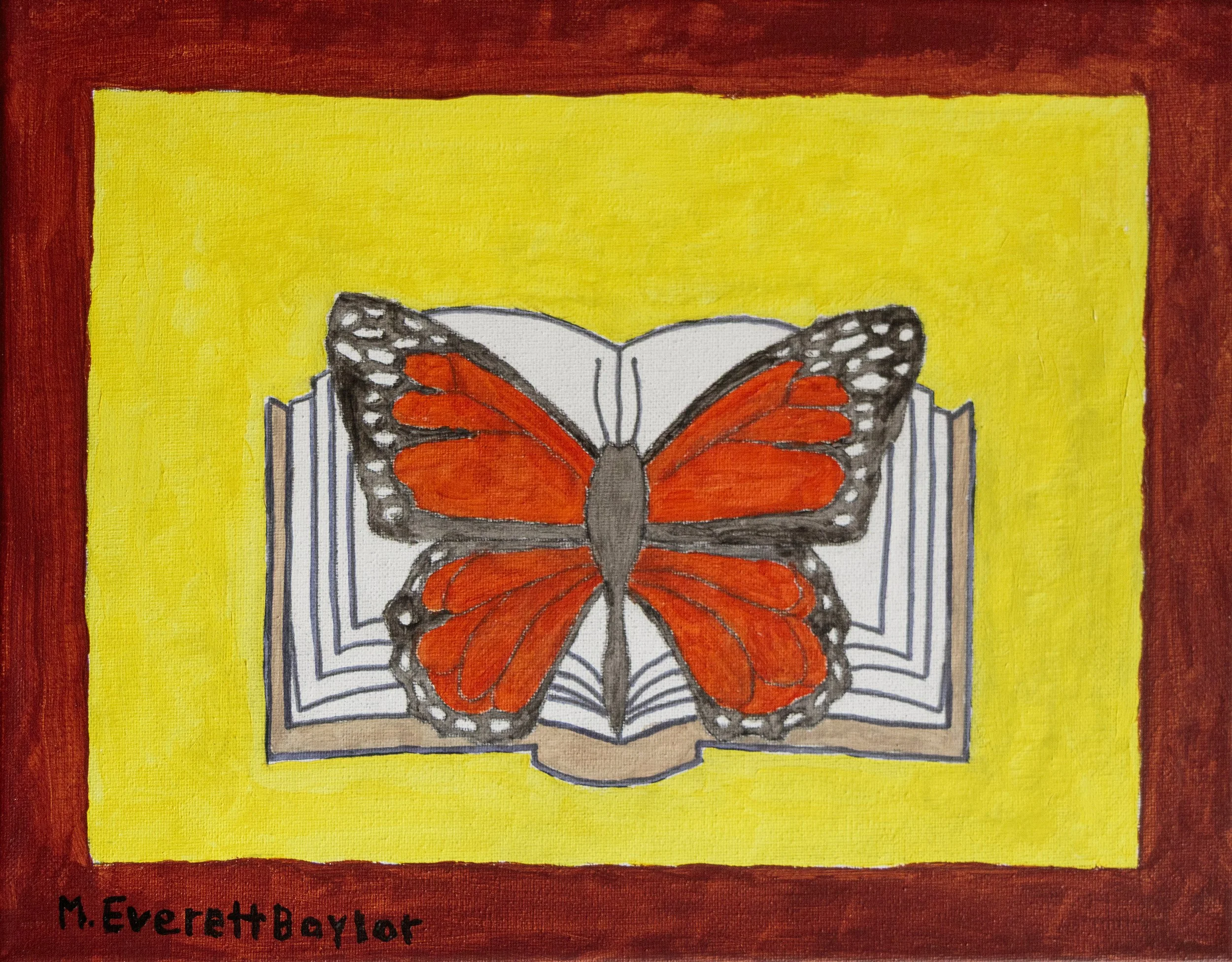 The butterfly is a painting depicting a beautiful monarch butterfly resting in a center of an open book. 