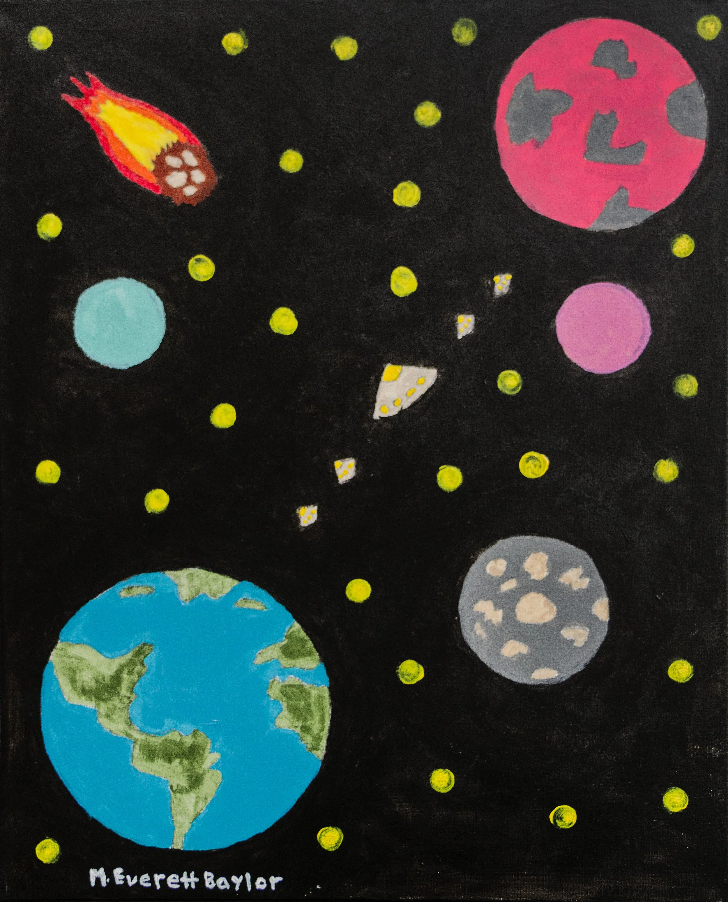 Alien Escort is a painting depicting a group of alien ships passing in between earth and mars heading to an unknown destination