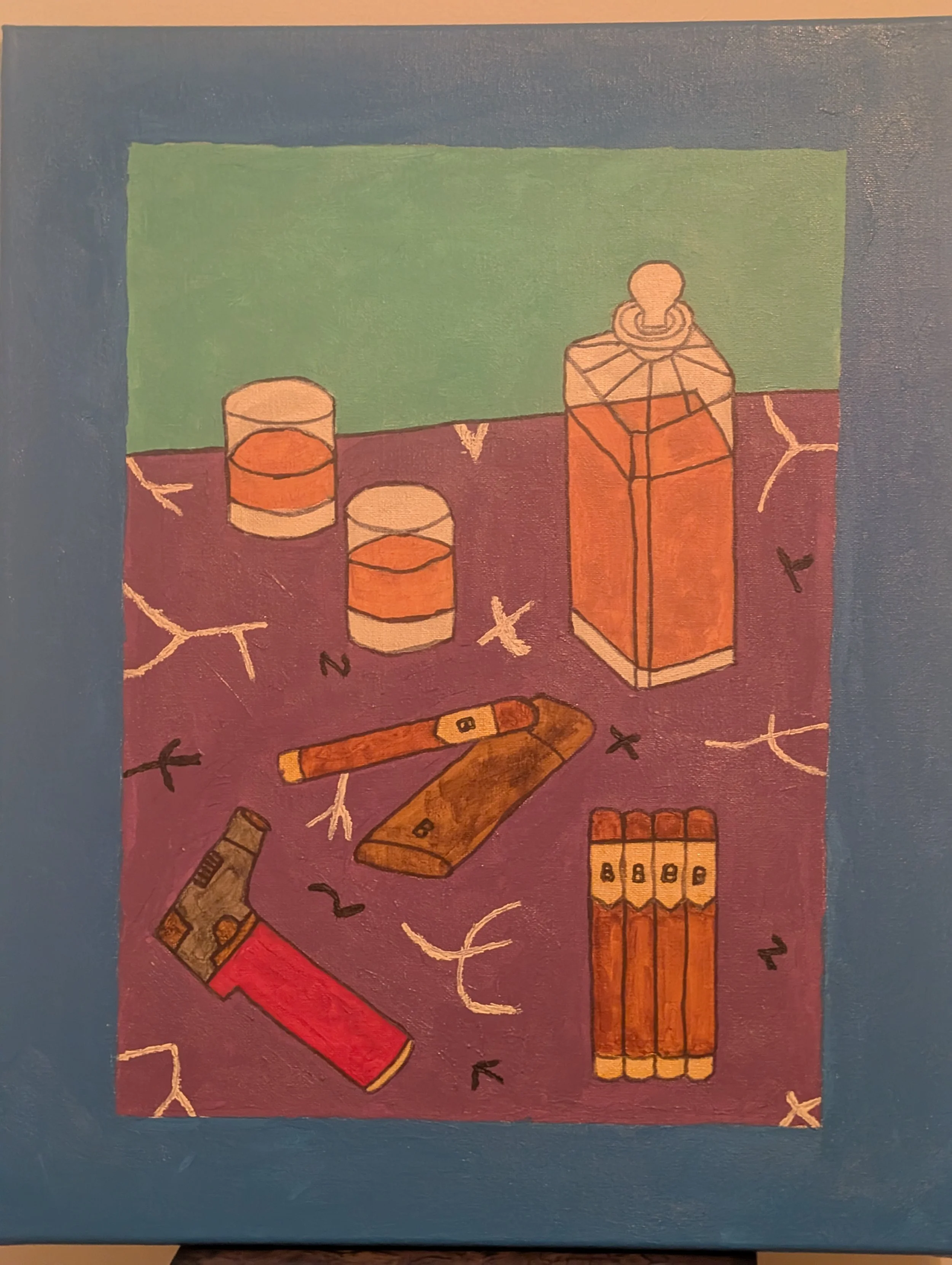 Cigars and Cognac – 16x20 Acrylic – is a painting depicting the moment just before relaxation begins once the cigars are lit and the cognac is experienced.