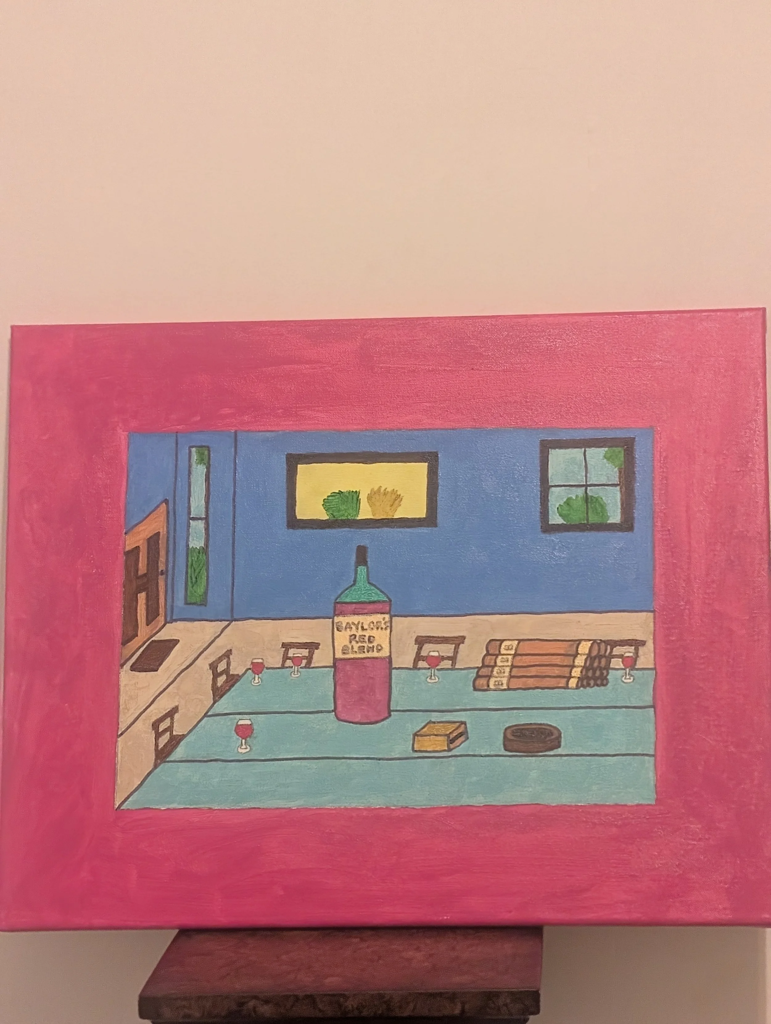 Cigars and Wine – 16x20 Acrylic – is a painting depicting a set table with wine glasses filled and cigars stacked and ready to be enjoyed.