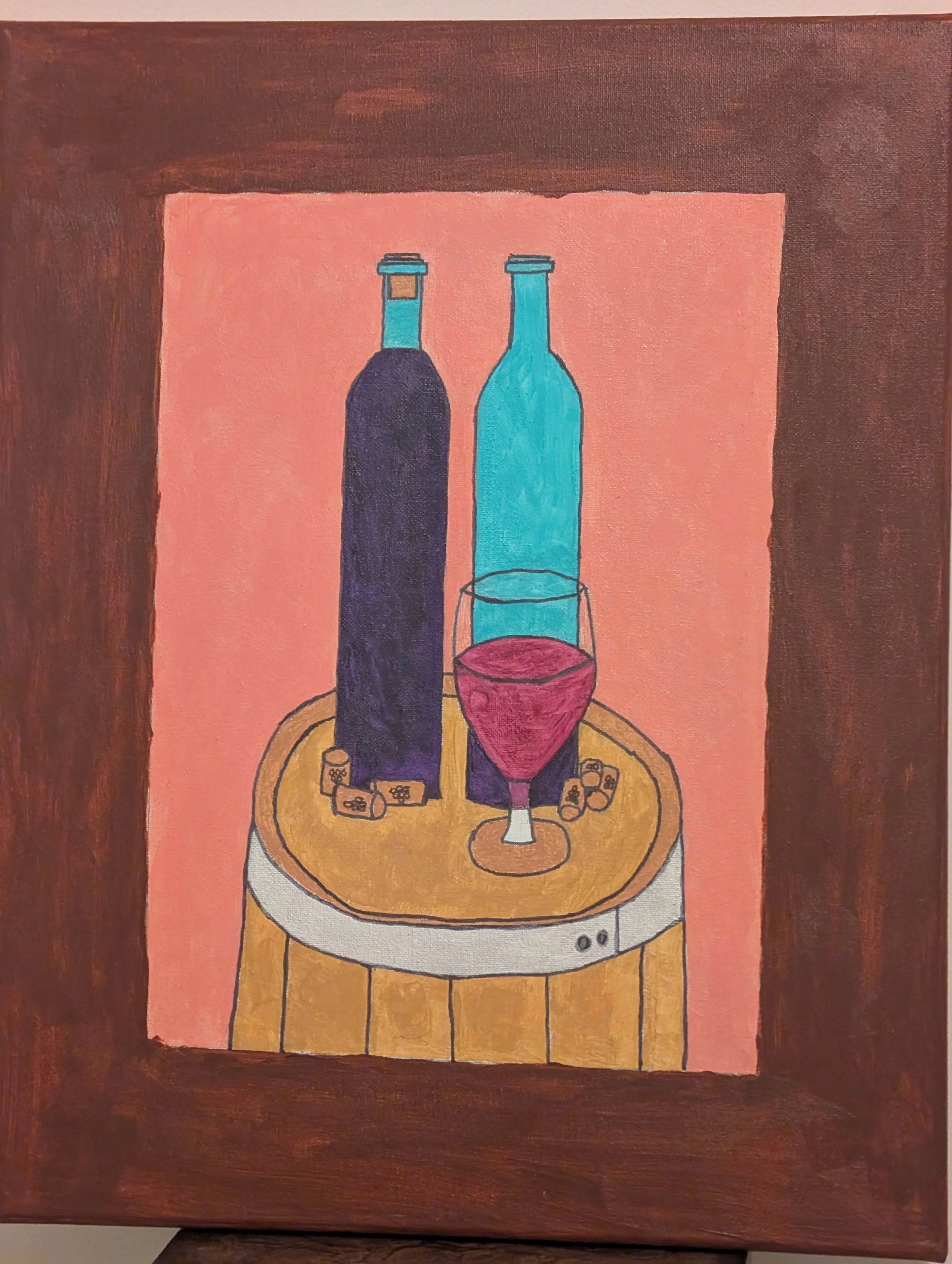 Time for a Tasting – 26x20 Acrylic – is a painting depicting wine bottles as well as a barrel freshly opened and ready to drink.