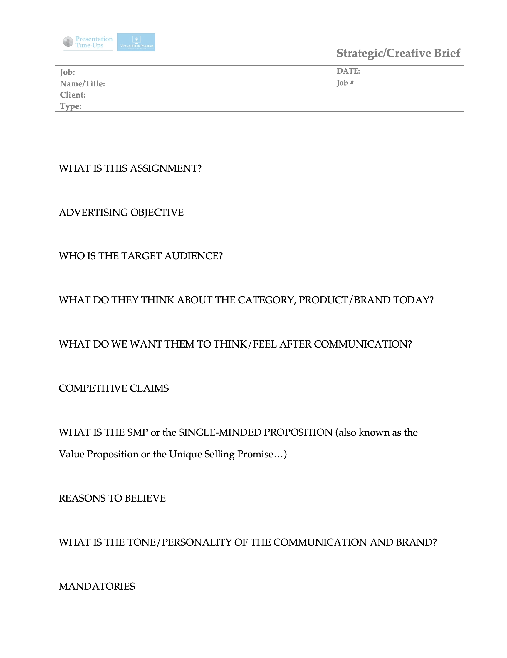 A strategic or creative brief document titled 'Presentation Tune-Ups' with sections including questions about assignment objectives, target audience, competitive claims, messaging, tone, and mandates.