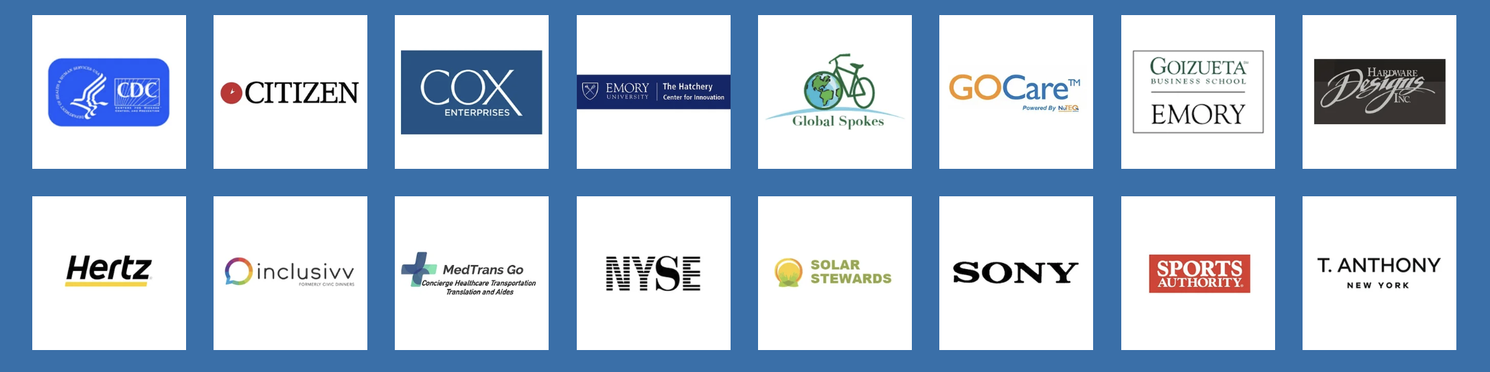 Grid of logos from various organizations, including CDC, Citizen, Cox Enterprises, Emory University, Global Spokes, GOCare, Gouzeta Business School, Hardware Designs, Hertz, Inclusv, MedTrans Go, NYSE, Solar Stewards, Sony, Sports Authority, and T. Anthony.
