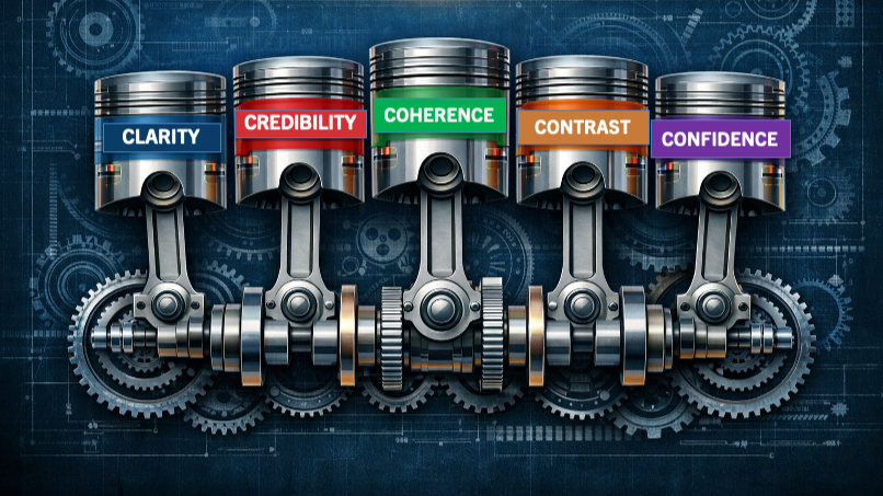 Mechanical pistons labeled Clarity, Credibility, Coherence, Contrast, Confidence connected to gears and machinery in a technical background.
