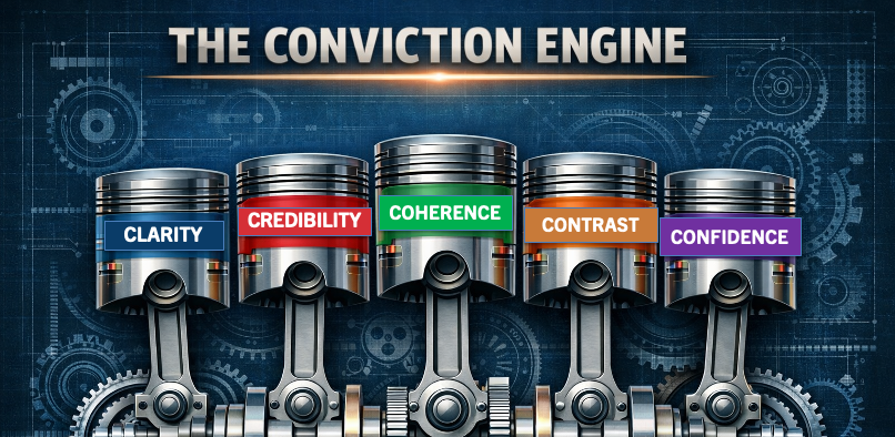Illustration of a machine with five pistons labeled Clarity, Credibility, Coherence, Contrast, and Confidence, representing the concept of the 'Conviction Engine'.