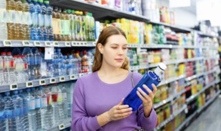 A woman in a purple sweater shopping for bottled water on a supermarket shelf.