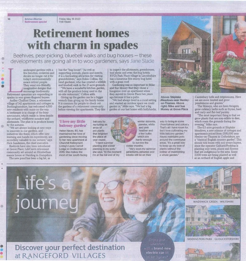 A newspaper article titled 'Retirement homes with charm in spades' discussing various retirement developments, with images of modern houses, elderly people gardening, and a happy couple, along with smaller images of future homes and locations.