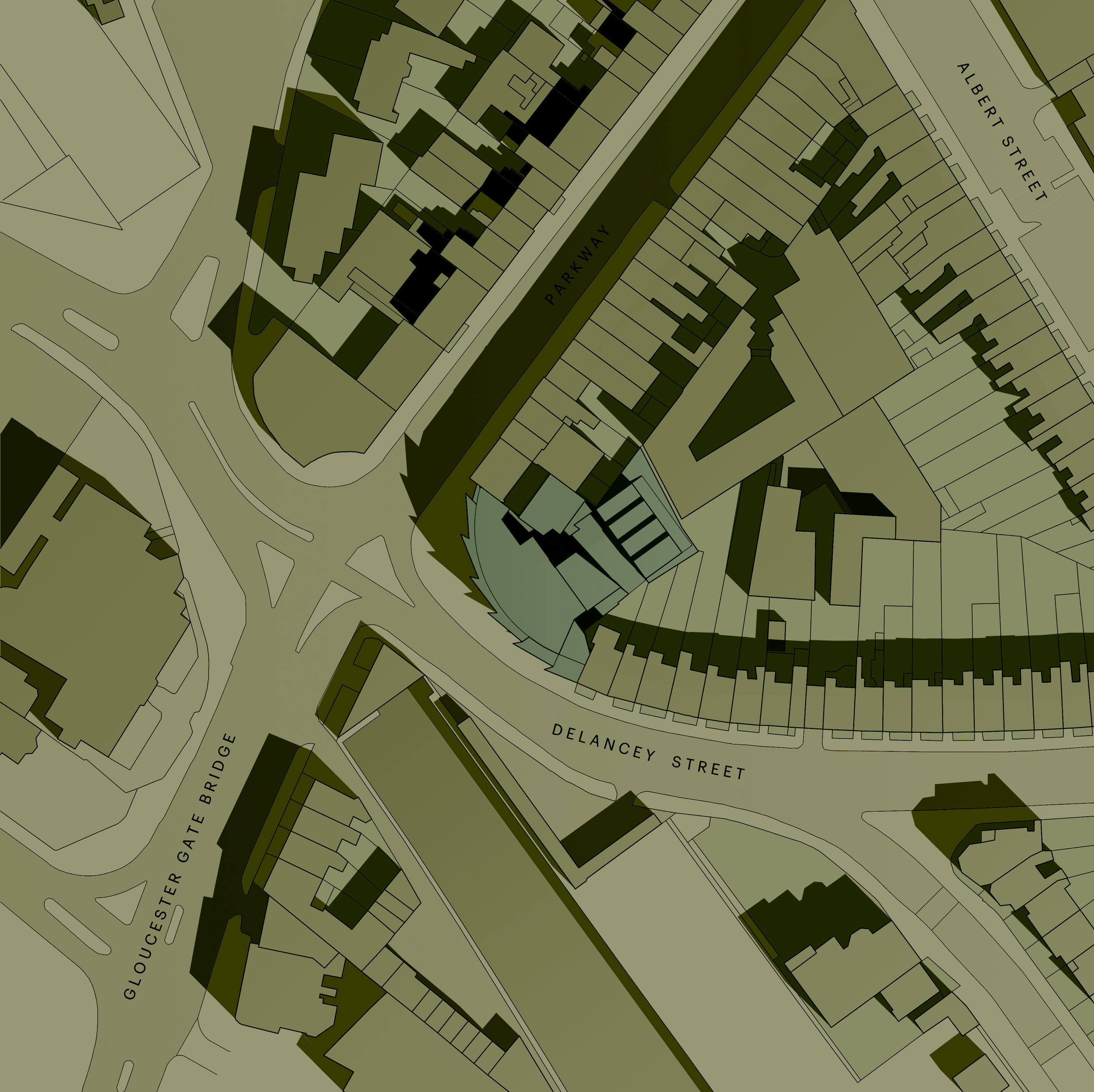 Urban location site plan showing building footprint layouts and neighbouring properties on Parkway and Delancey Street to assess solar daylight and facade shadows.