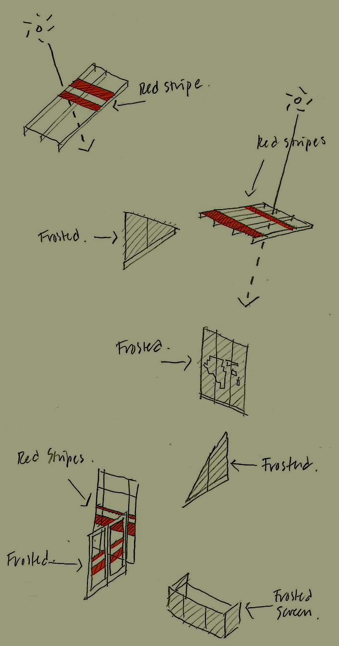 Architectural concept sketch by NBA detailing roof light and frosted screen redesign elements inspired by the flag of Austria for an ongoing refurbishment project.