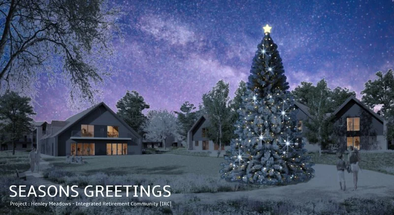 A decorated Christmas tree with lights and a star on top in a residential neighborhood at night, under a starry sky, with houses and people nearby.