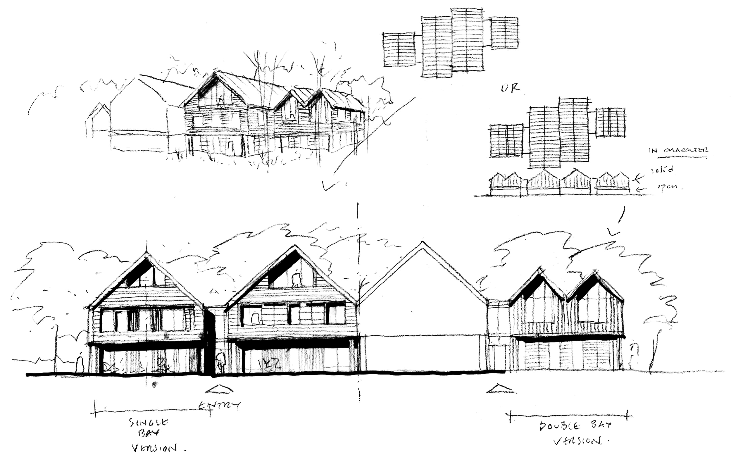 Architectural blueprint sketches of a house elevation and floor plans, with labels and measurements.