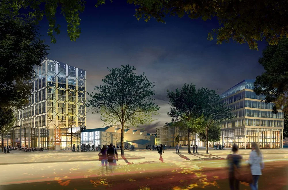 Architectural rendering of the Blumengrossmark redevelopment project in Kreuzberg, Berlin, at dusk. The street-level perspective highlights a bustling public pedestrian plaza under a dramatic twilight sky.