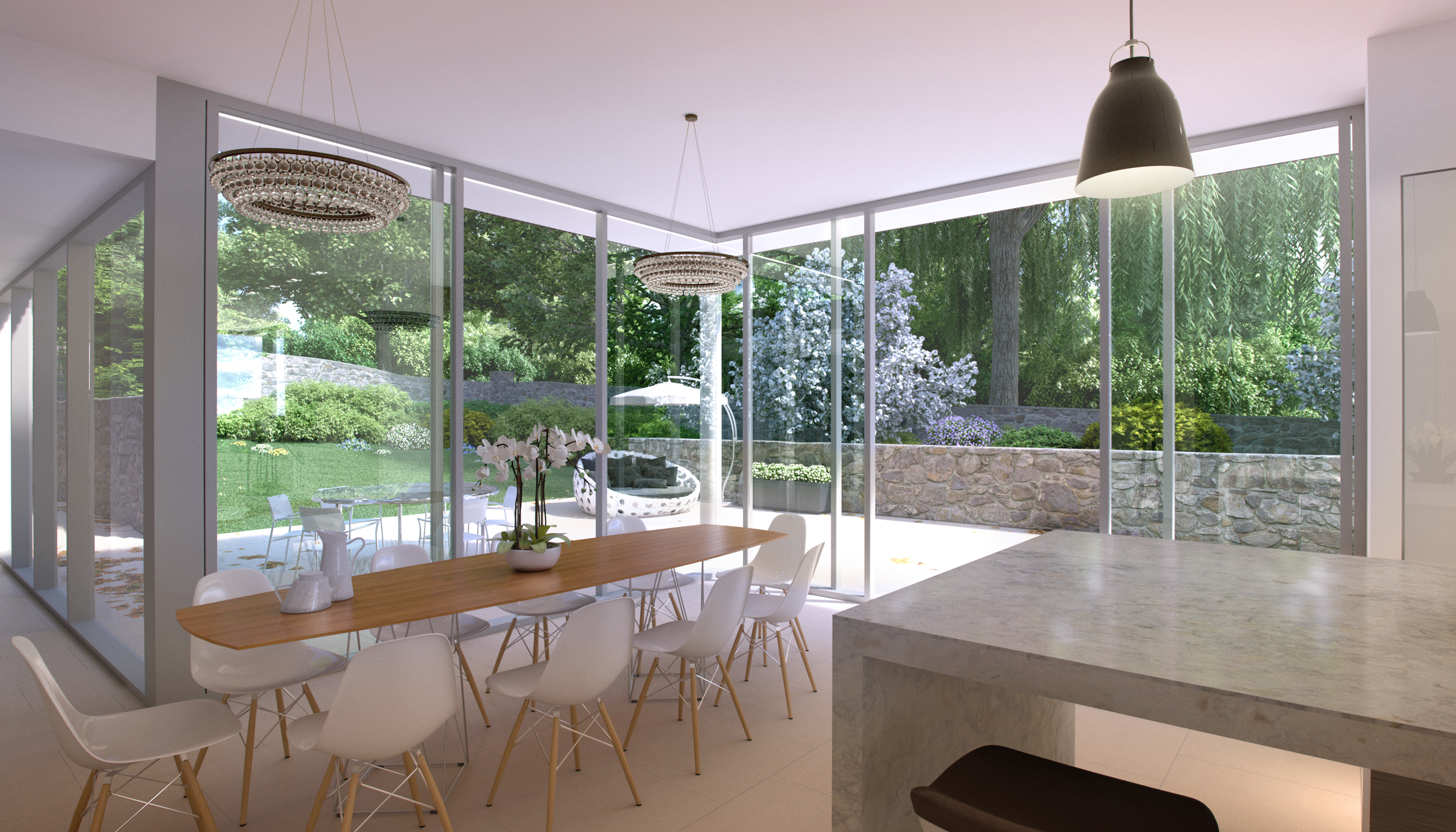 interior rendering of a luxury modern open-plan home, showcasing an island kitchen seamlessly connecting with a front reception lounge area in Harvest Hill