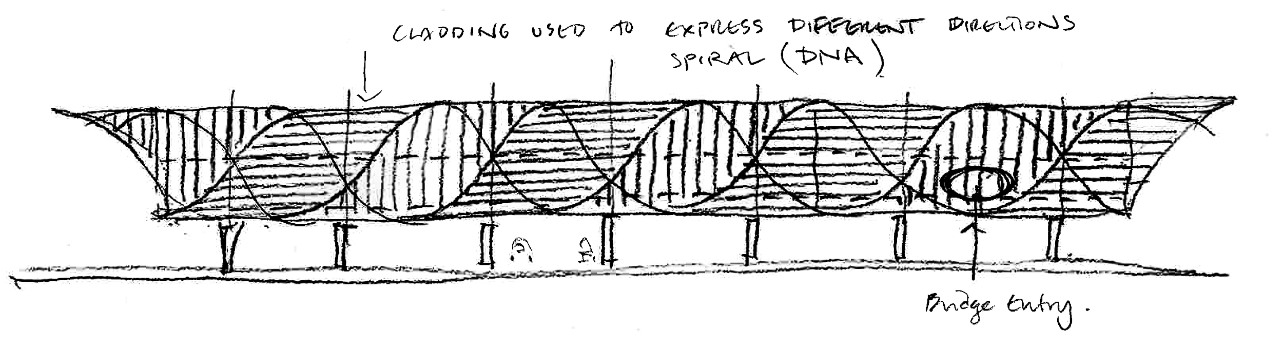 A sketch of a building with a wavy roof design and an annotation indicating it is a cloning center to express different directions or spatial DNA, signed by the architect Drew Guthy.