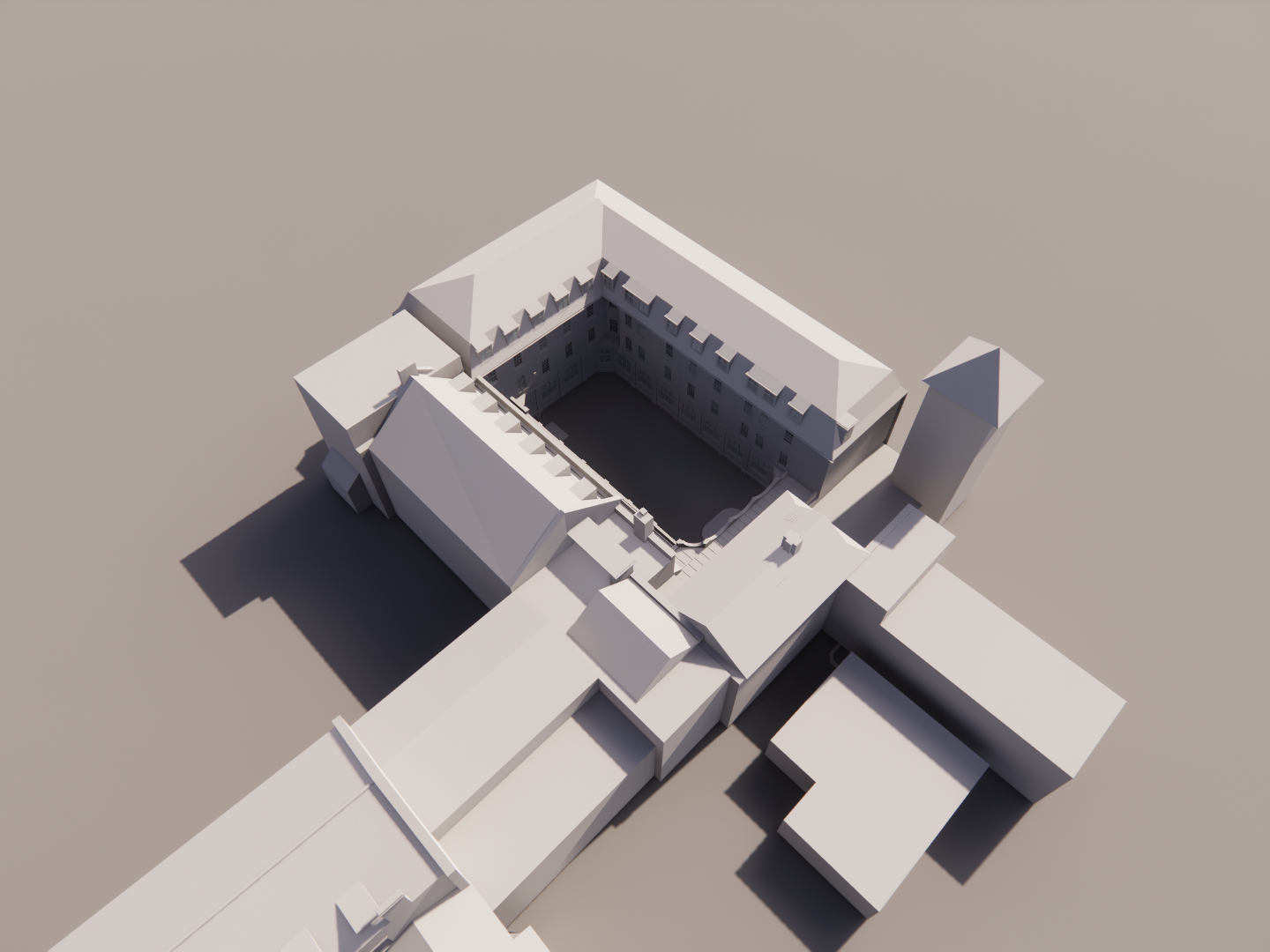 3D architectural model of St. Edmunds College's central courtyard, surrounding rooms and multiple levels for daylight study.