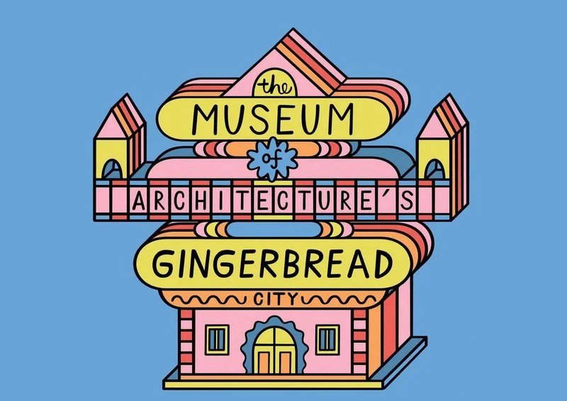 Colorful illustration of a building with signs reading "The Museum of Architecture in Gingerbread City" on a blue background.