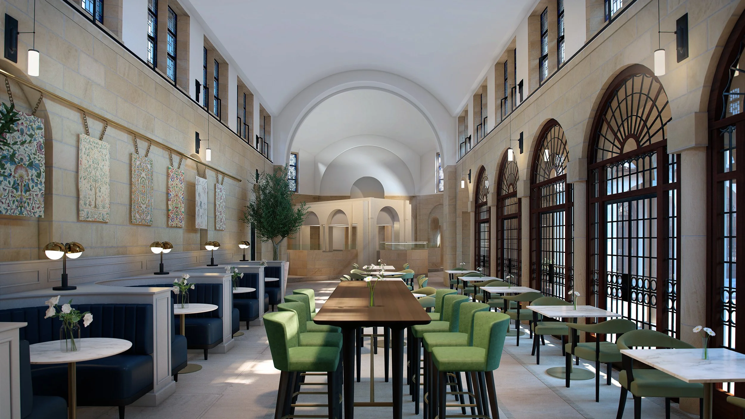 interior renderings showcasing the adaptive reuse of a Grade II listed historic chapel into a retirement village amenity.