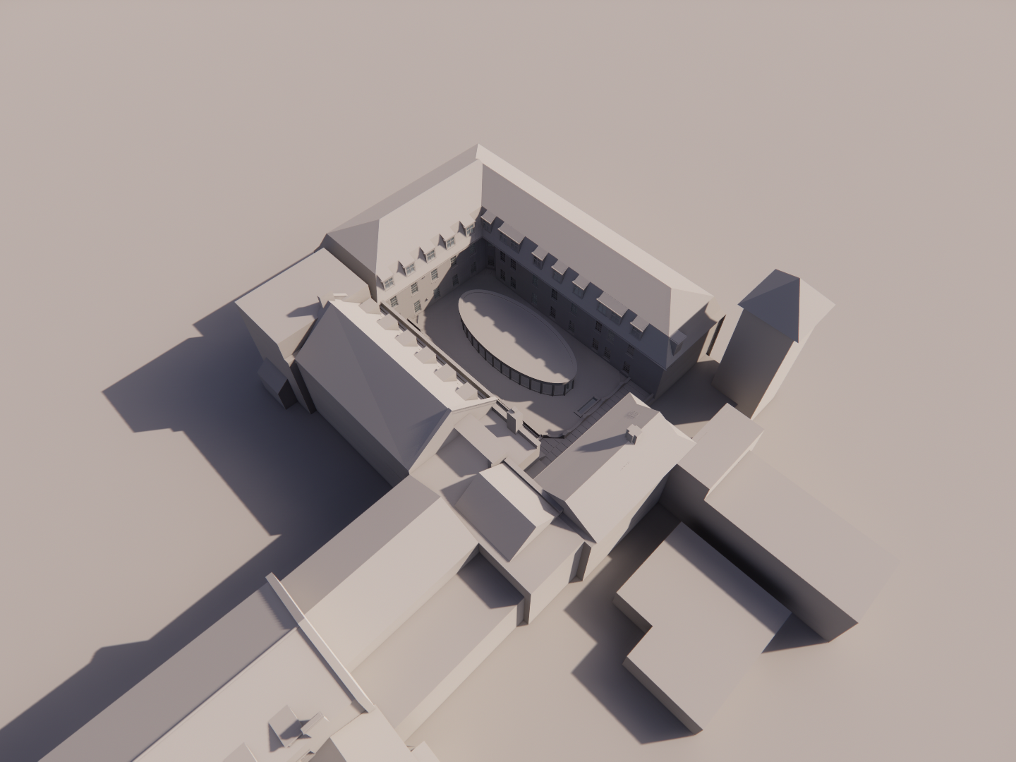 3D architectural model of St. Edmunds College's central courtyard, surrounding rooms and multiple levels for daylight study.