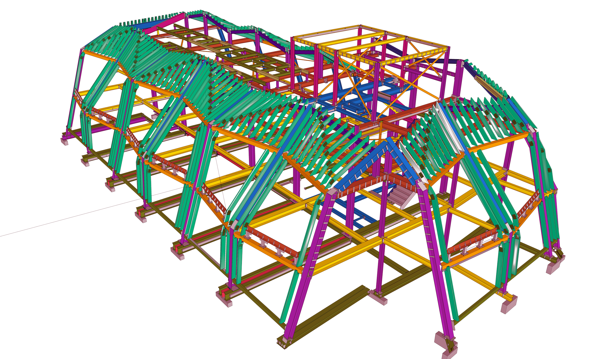 3D isometric structural engineering model displaying a complex, multi-faceted roof framing system.