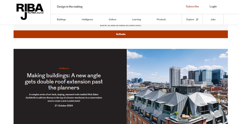 Screenshot of an article from RIBA Journal titled 'Making buildings: A new angle gets double roof extension past the planners,' with a photo of a city skyline and a building with a complex, angular metal roof.