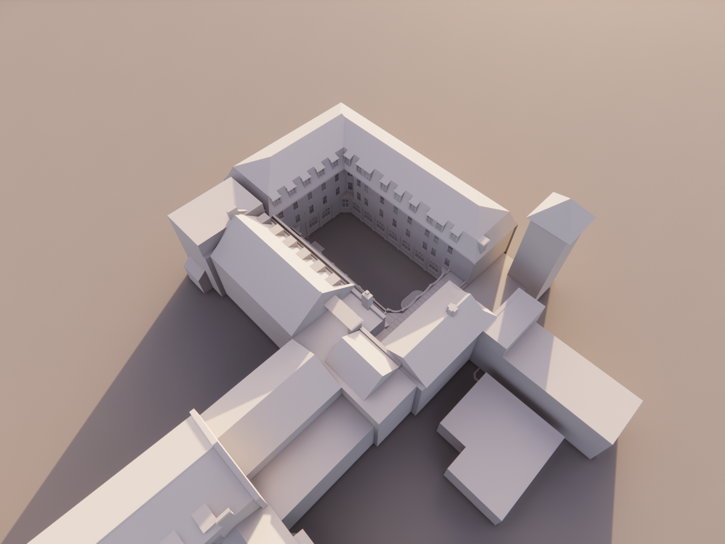 3D architectural model of St. Edmunds College's central courtyard, surrounding rooms and multiple levels for daylight study.