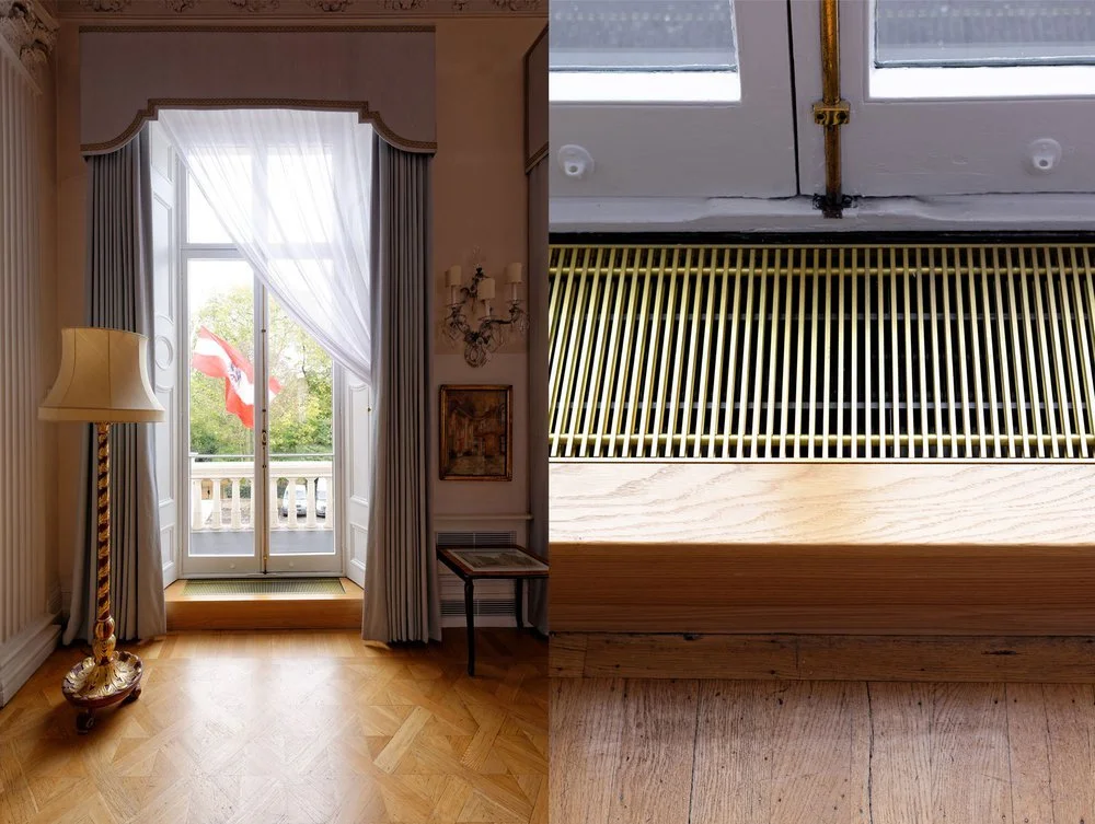 Sustainable interior heating design and custom ventilation grilles inserted to match the color scheme and existing furnishings of a Grade I listed heritage property.