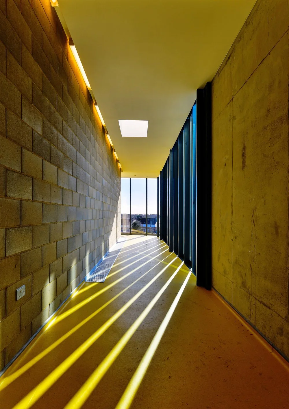 Sunlight streams through vertical black window slats, casting yellow shadows on the beige carpet in a hallway with yellow ceiling and brick wall on the left, and concrete wall on the right, leading to a glass door with view of a cityscape.