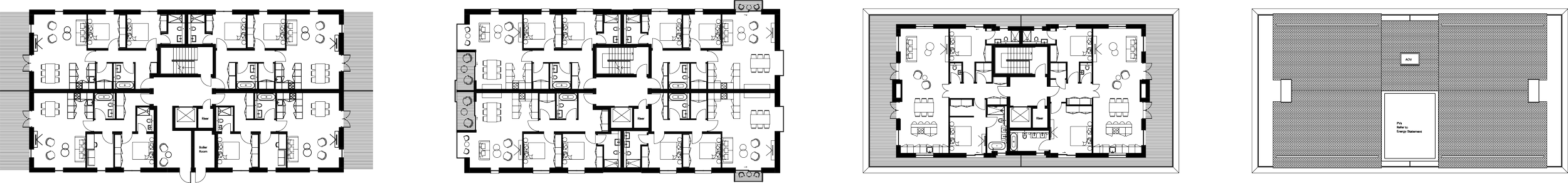 Multi-level floor plan drawings showing the typical architectural layout and composition of retirement village apartment units in Midhurst.