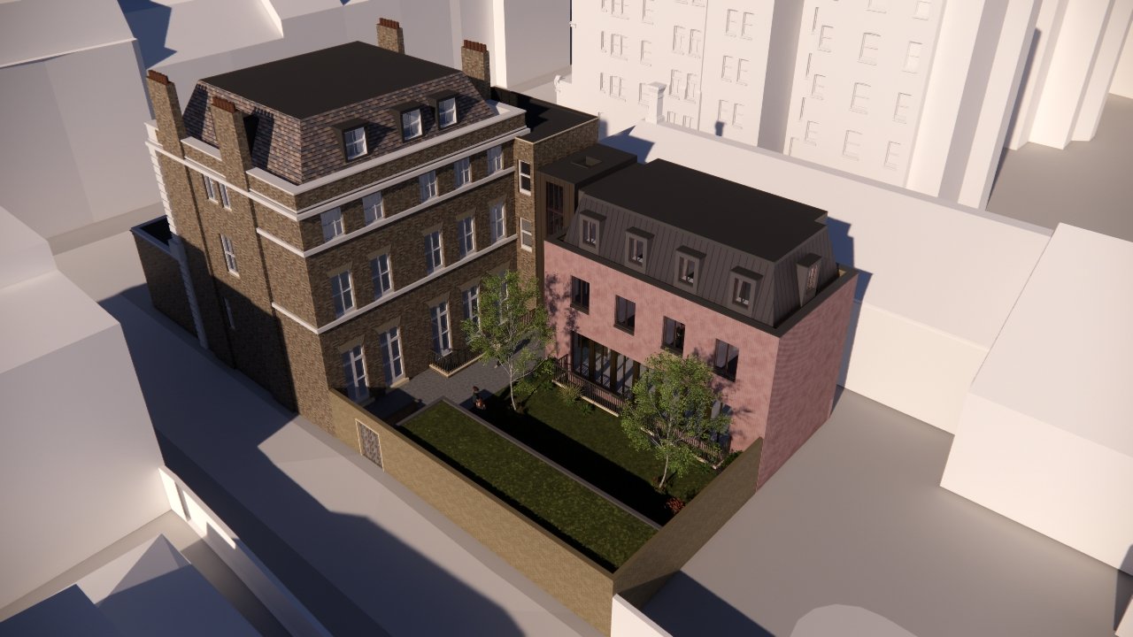 3D rendering of two neighboring residential buildings with backyard gardens, trees, and a small bench between them, situated in an urban area.