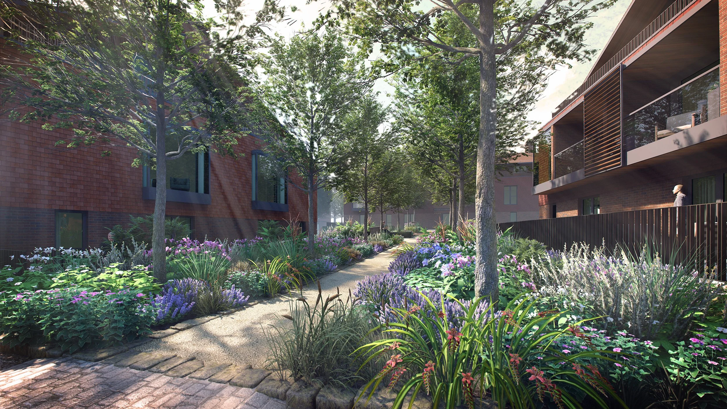 3D architectural rendering of a landscaped pedestrian courtyard at the proposed Midhurst retirement village