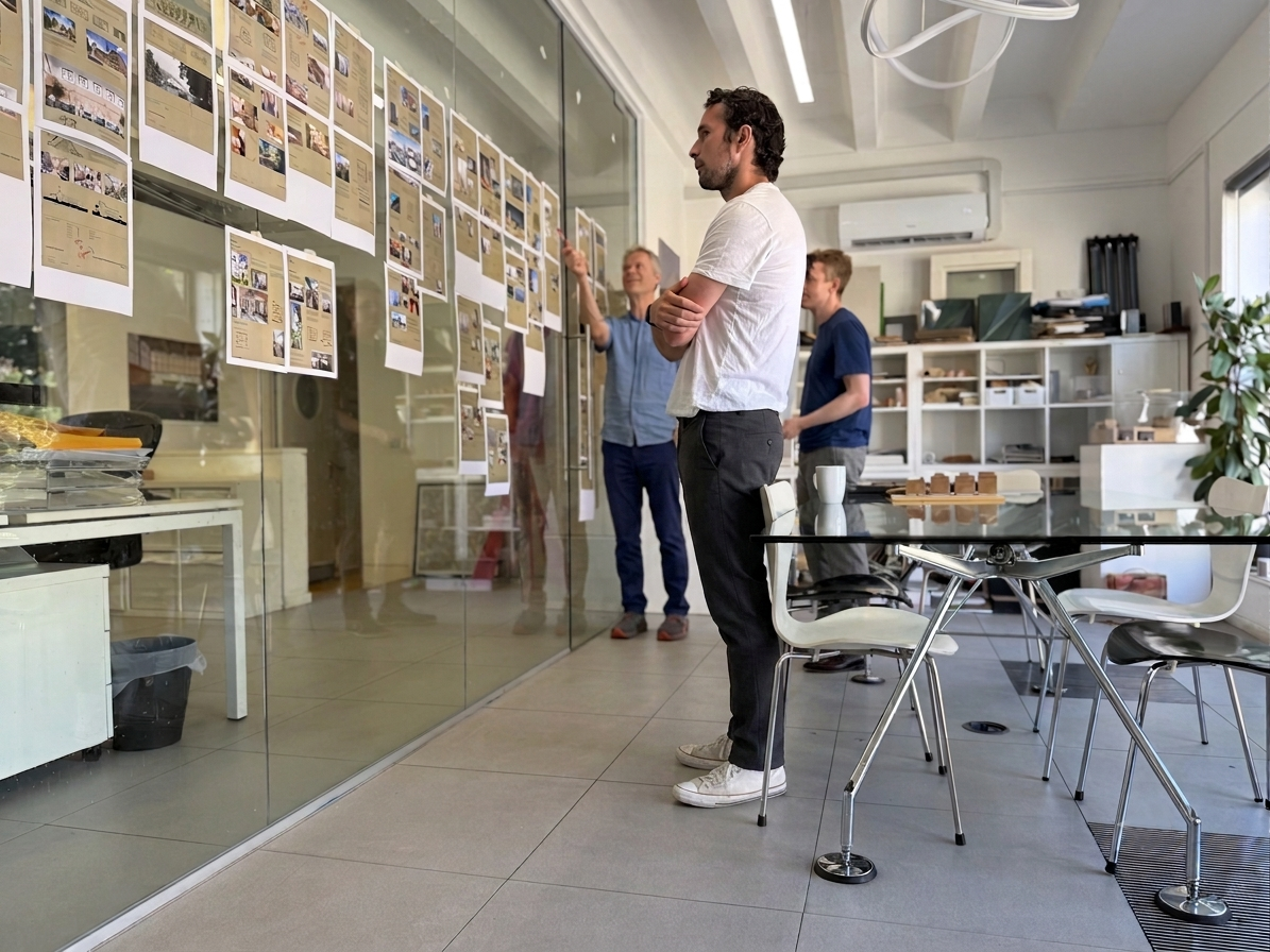 Three men in a meeting room looking at a wall covered with pinned papers and images, with one man talking gesturing towards the display.