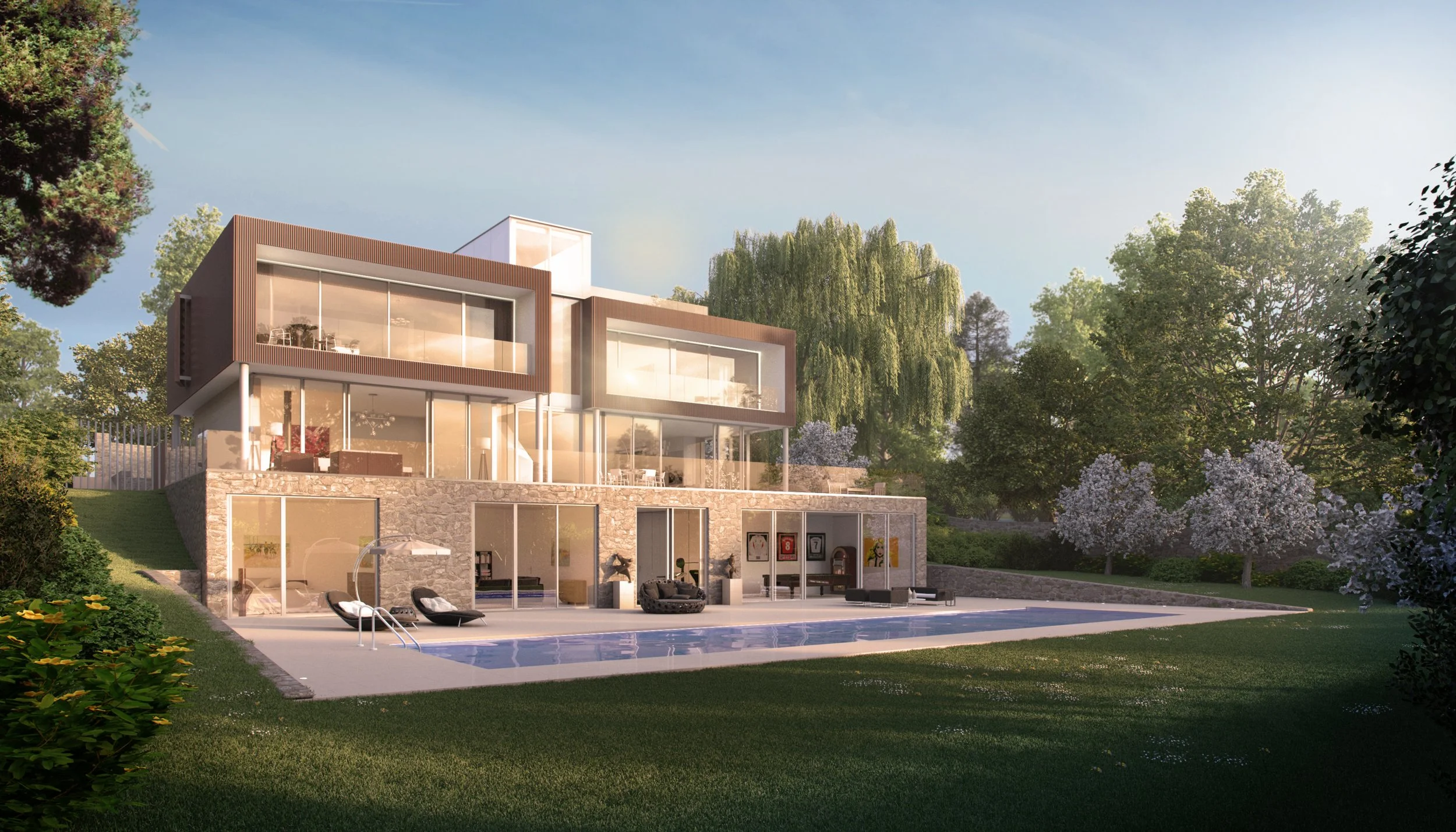 Architectural rendering of a multi-tier contemporary 5-bedroom residence at Harvest Hill, Bourne End
