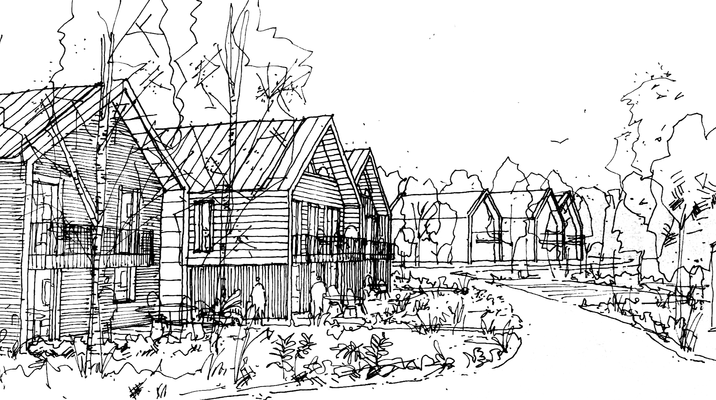 Outline of a playground with structures, trees, and a clear sky.