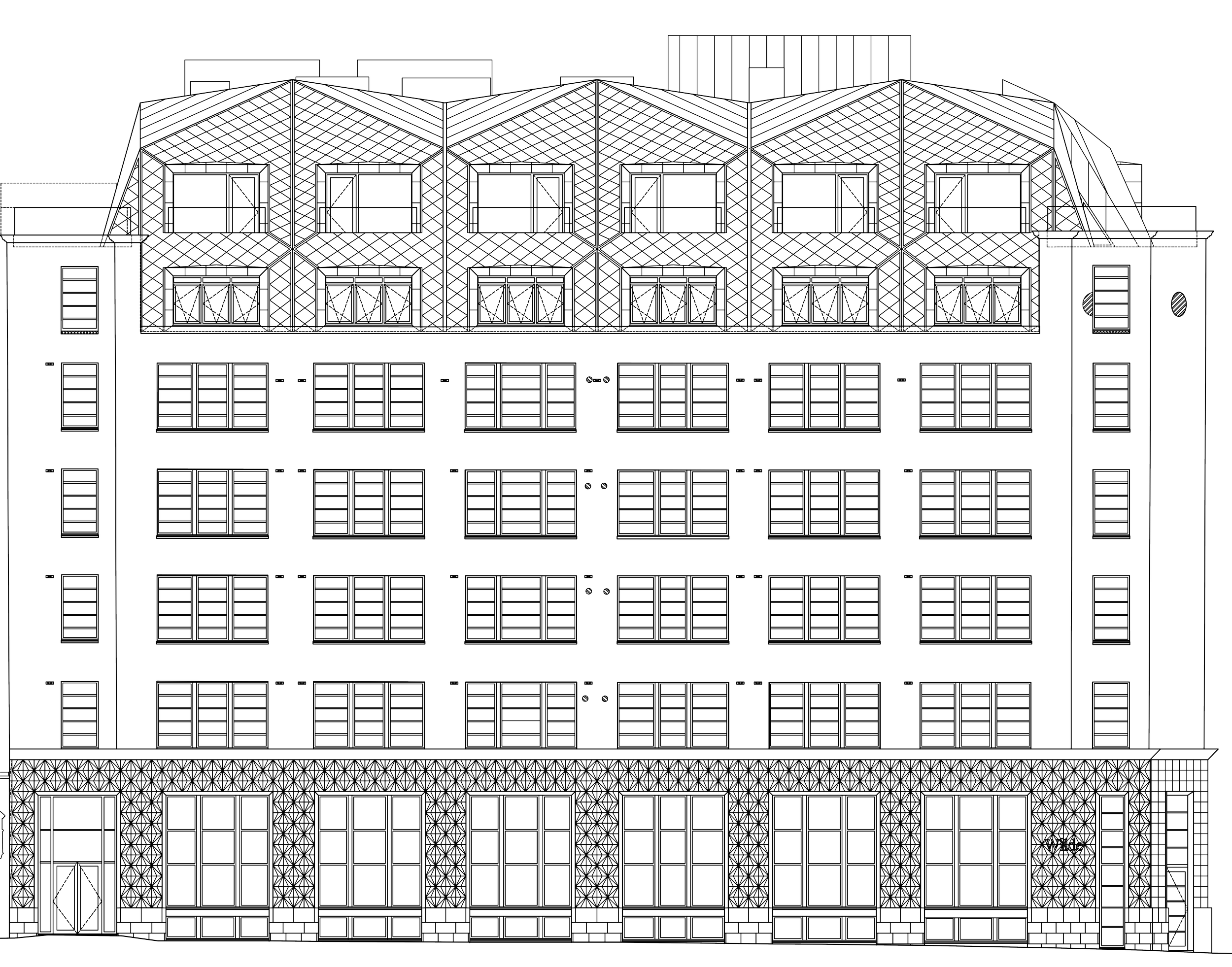 An architectural line drawing showing the Strype Street elevation of the Wilde Aparthotel near Liverpool Street, London.