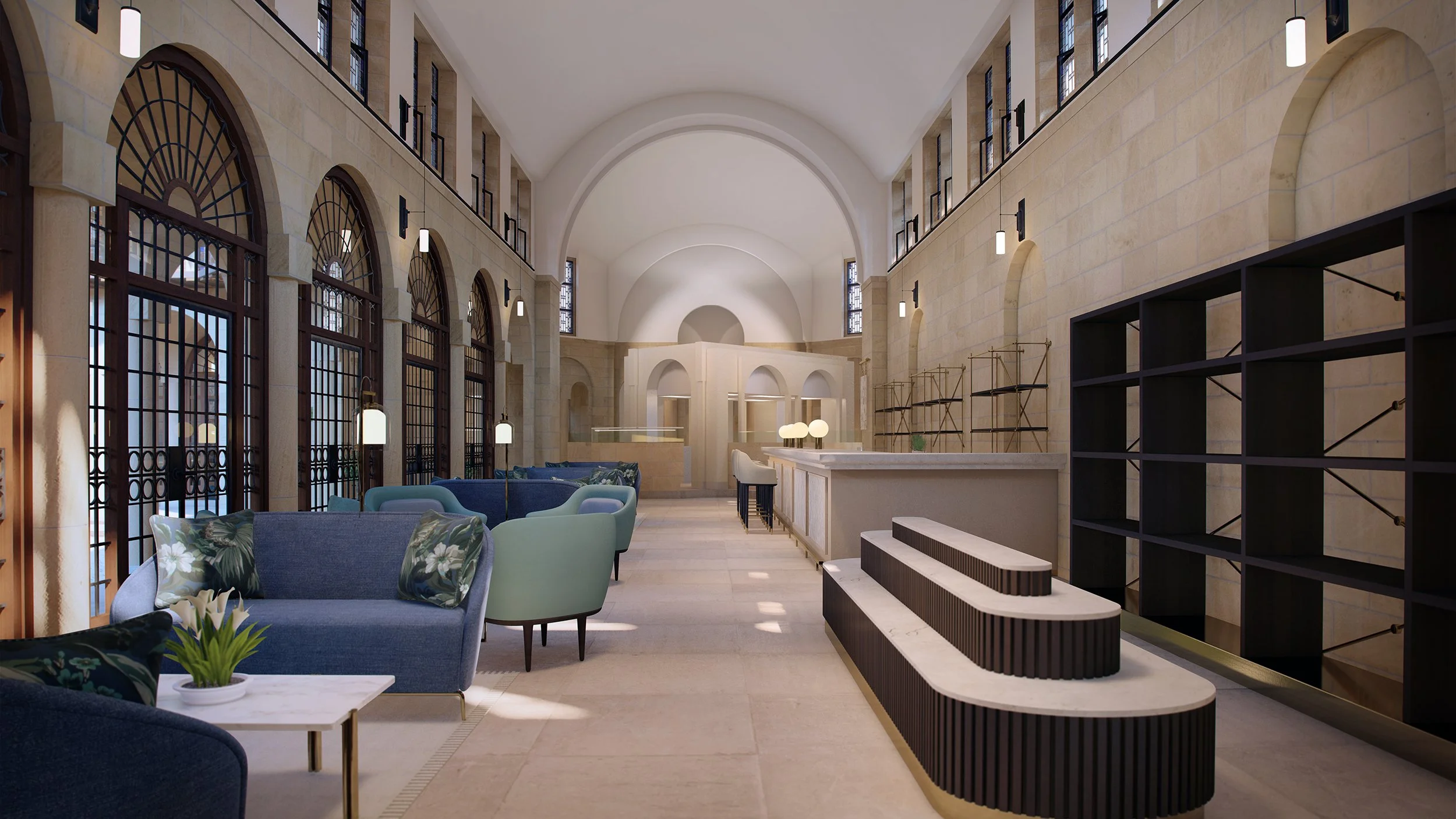interior renderings showcasing the adaptive reuse of a Grade II listed historic chapel into a retirement village amenities.