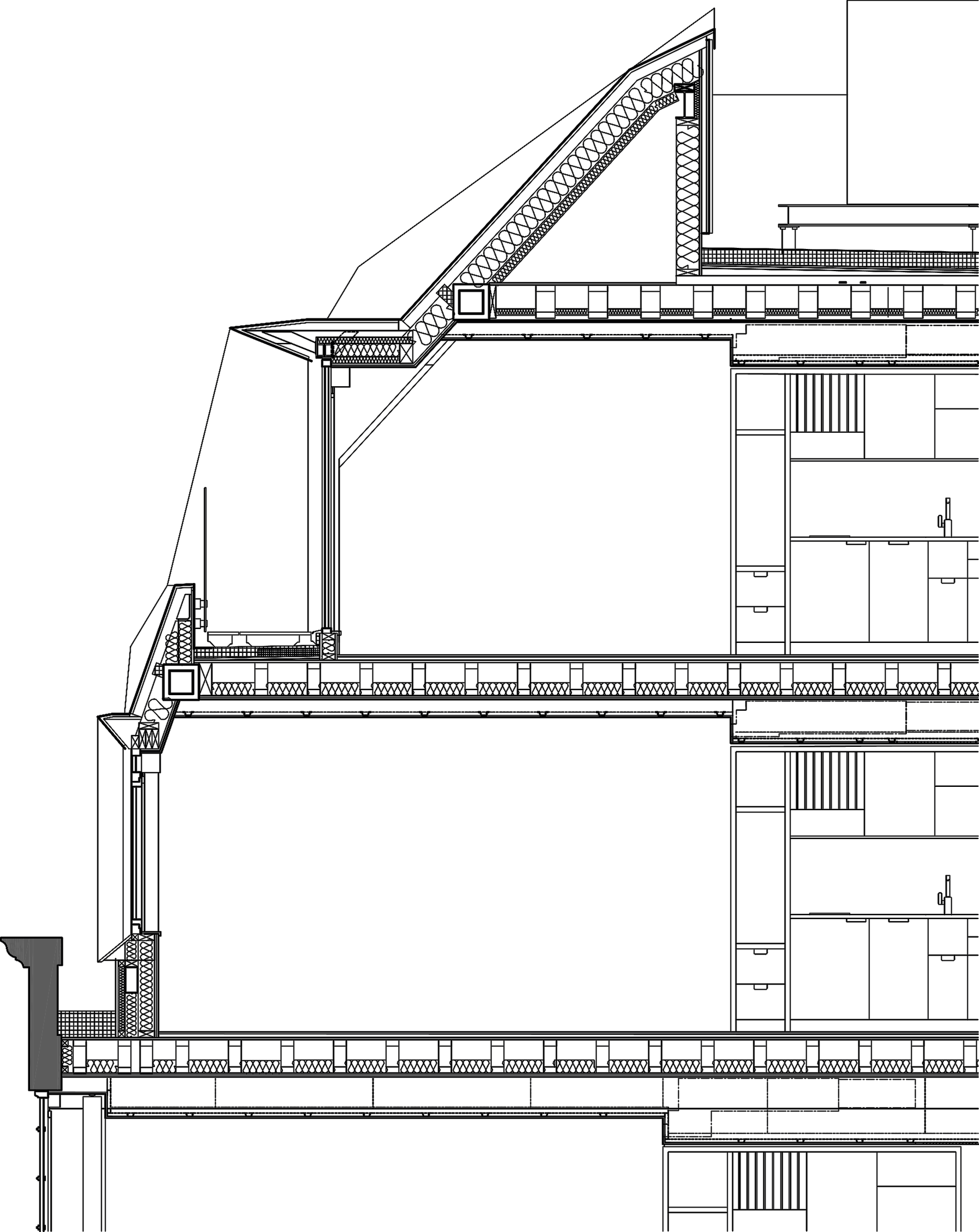 A detailed architectural section drawing illustrating the mansard extension of the Wilde Hotel.