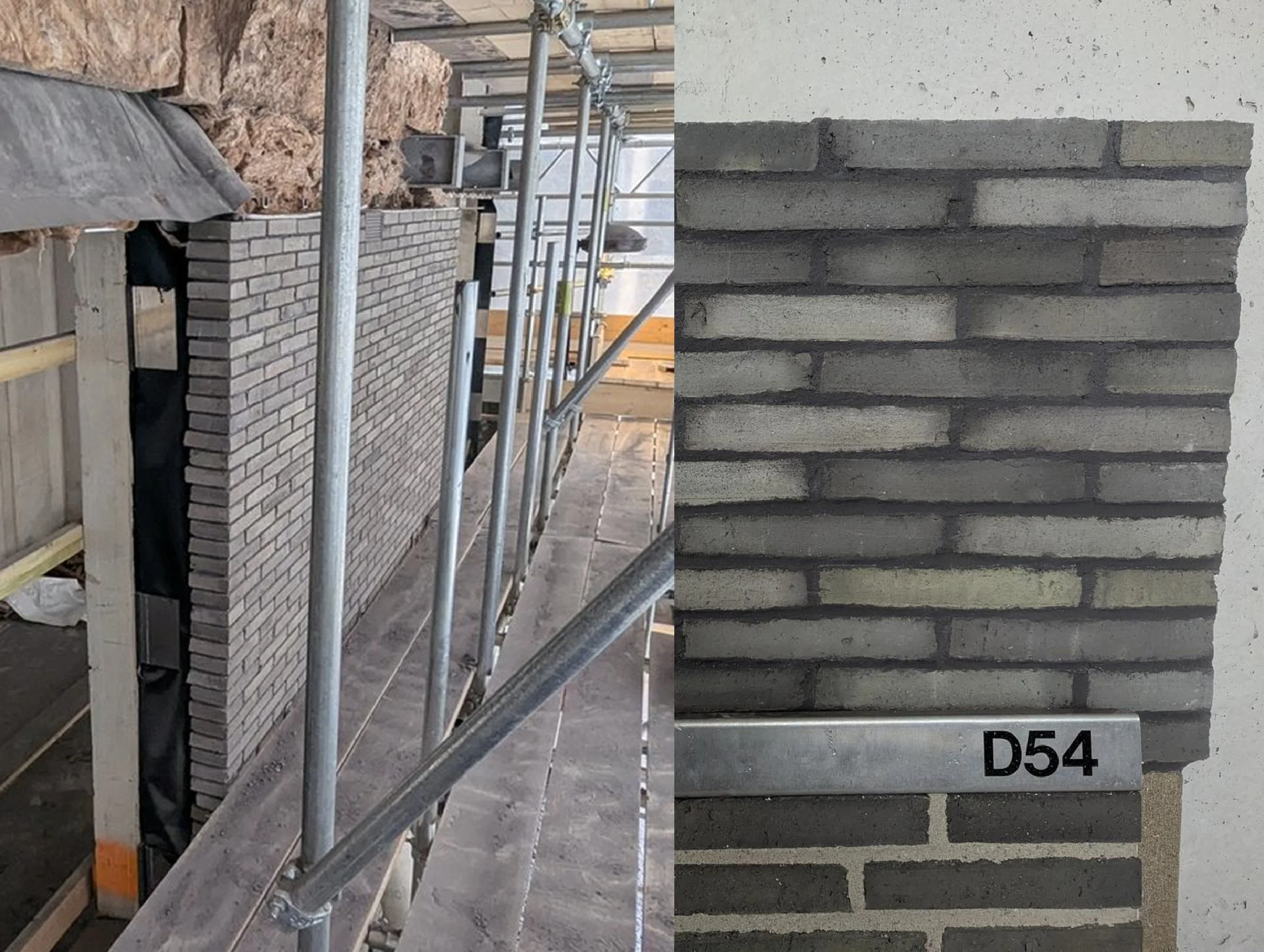 Close-up of a brick wall under construction with scaffolding and construction materials present.