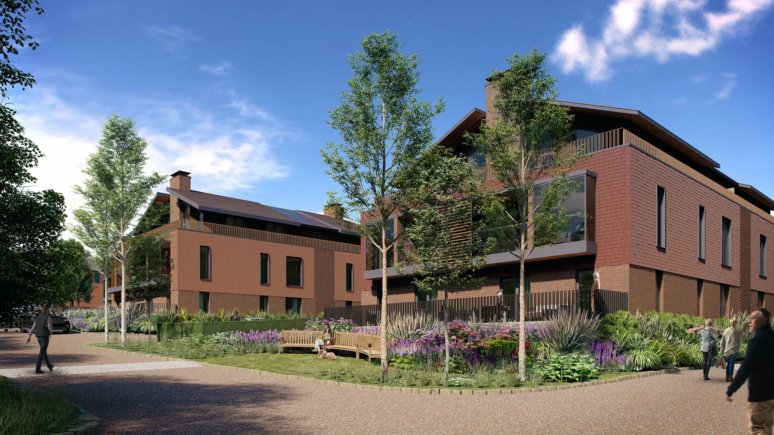 3D architectural rendering of a landscaped pedestrian courtyard at the proposed Midhurst retirement village