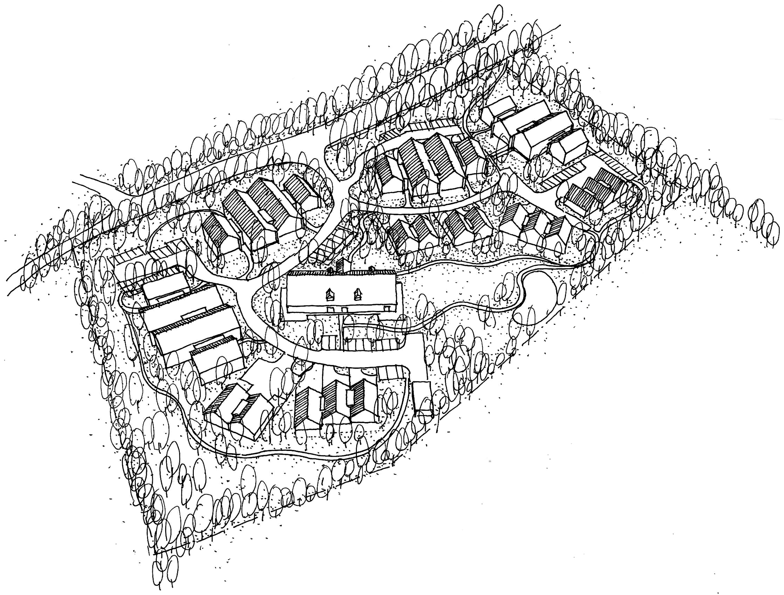 A detailed black and white line drawing of a park with multiple winding paths, benches, trees, and a central structure.
