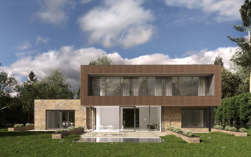 Modern two-story house with large glass windows, brick and wood exterior, surrounded by a green lawn and trees.