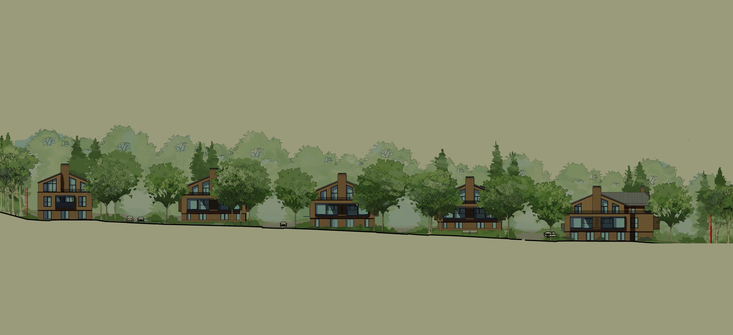 Architectural site section drawing illustrating a series of multi-story gabled retirement apartment buildings stepped down a natural hillside slope in Midhurst